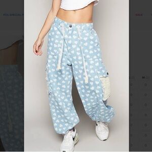 NEW - POL Blue with White Heart Pattern Cargo Joggers